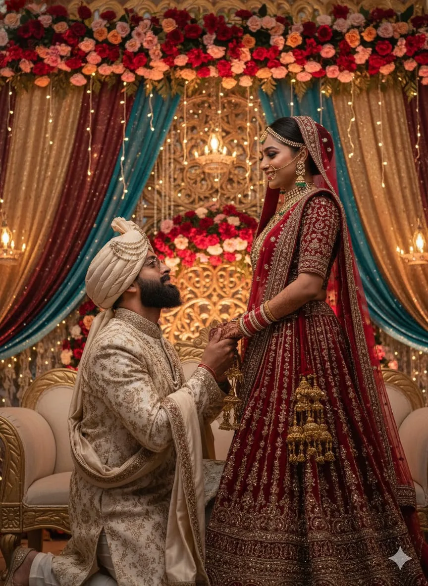 Photorealistic, low-angle shot of the young groom kneeling slightly on one knee, — Google Gemini AI Prompt