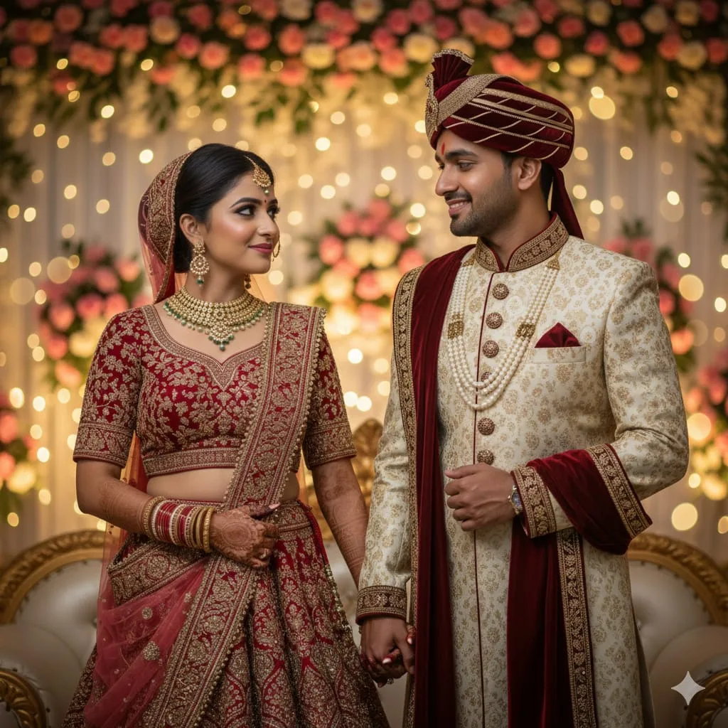 A full body, photorealistic, cinematic shot of a young couple. The bride, in a b — Google Gemini AI Prompt