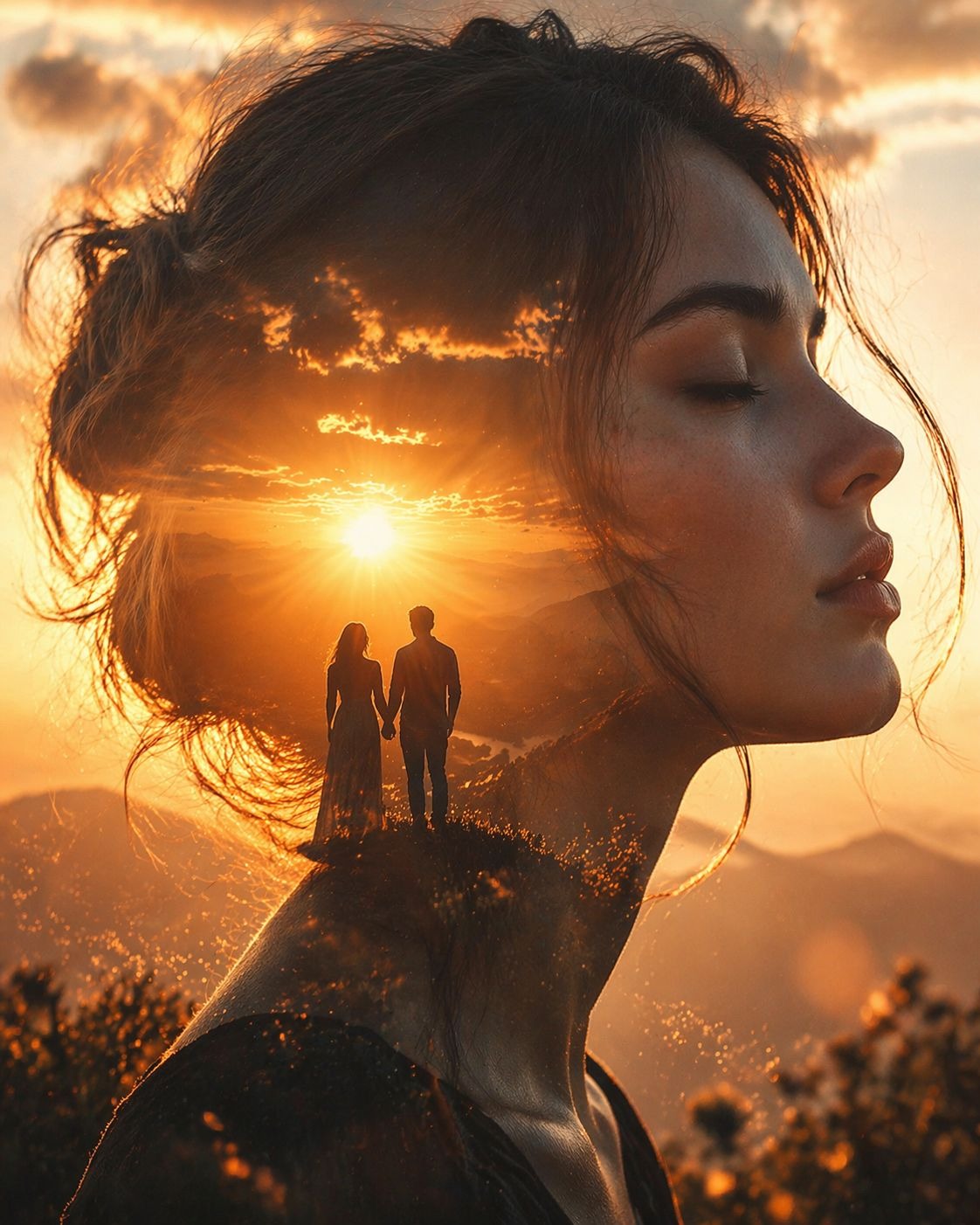 A dreamy double exposure portrait of a young woman in side profile with closed eyes, soft natural li