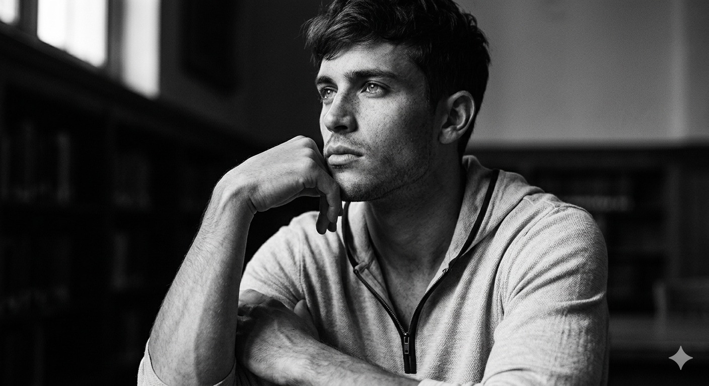 A young Caucasian man, appearing to be in his early twenties, with tanned skin and dark, wavy hair s
