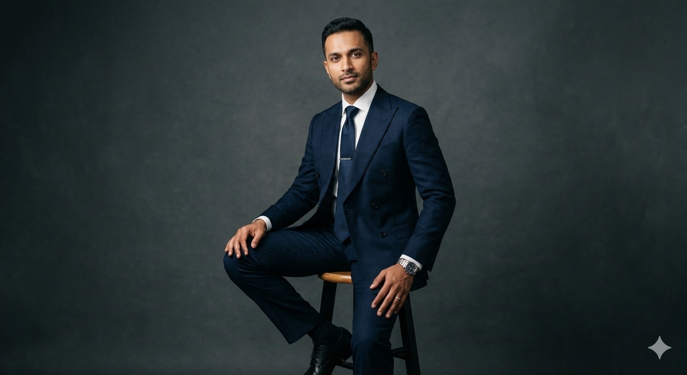 Create Image India man, appearing to be in his late 30s, is seated on a tall stool against a plain, 