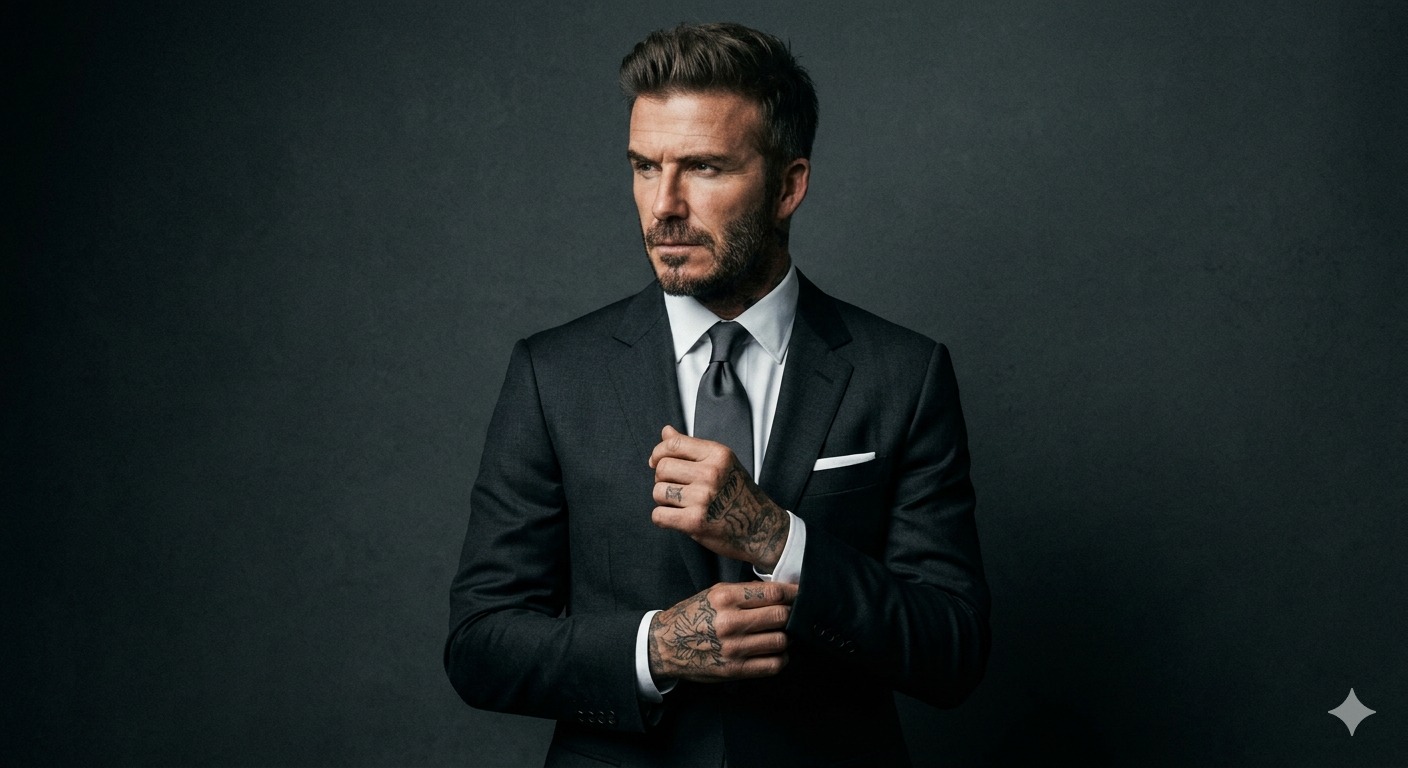 A middle-aged Caucasian man, David Beckham, is depicted in a studio portrait. He is wearing a sleek,