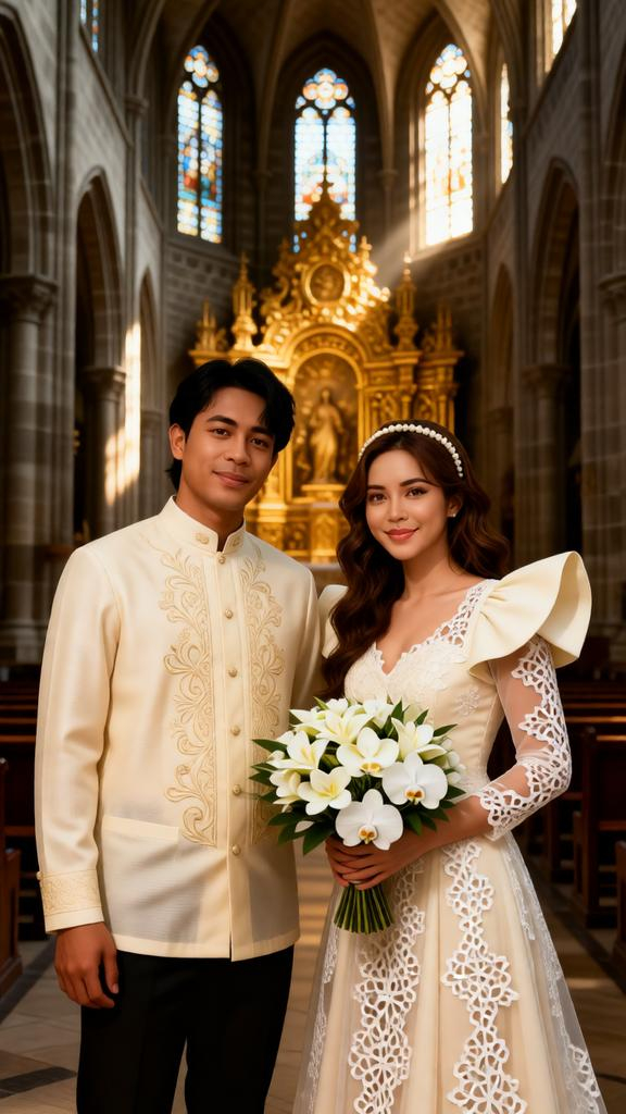 A hyper-realistic, cinematic portrait of a Filipino couple standing in the center aisle of a majesti