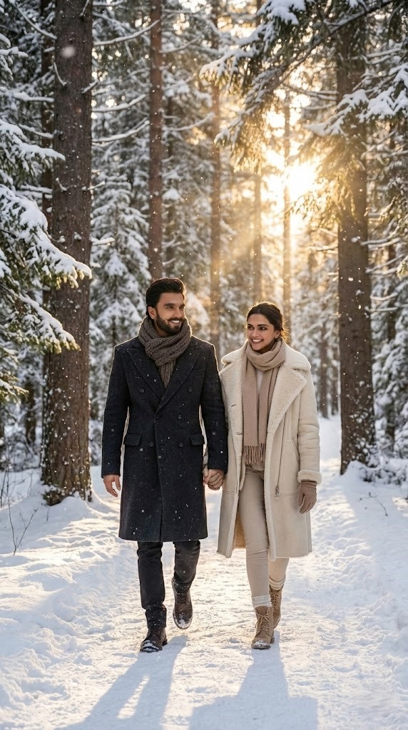 A cinematic wide shot of a couple(photo as reference)walking hand-in-hand through a snowy forest pat
