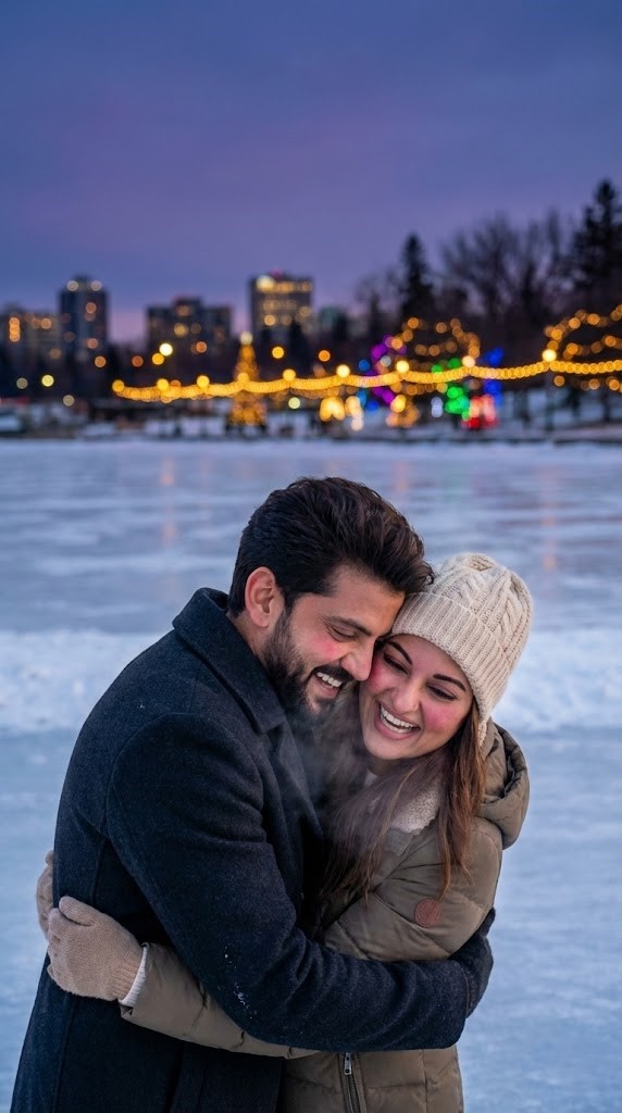 Close-up portrait of a couple(photo as reference) ice skating on a frozen lake at twilight. They are