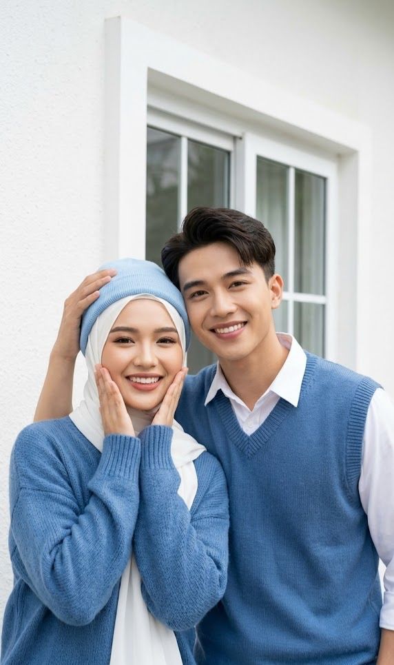 A photorealistic medium shot of a cheerful young Asian couple standing outdoors in front of a bright