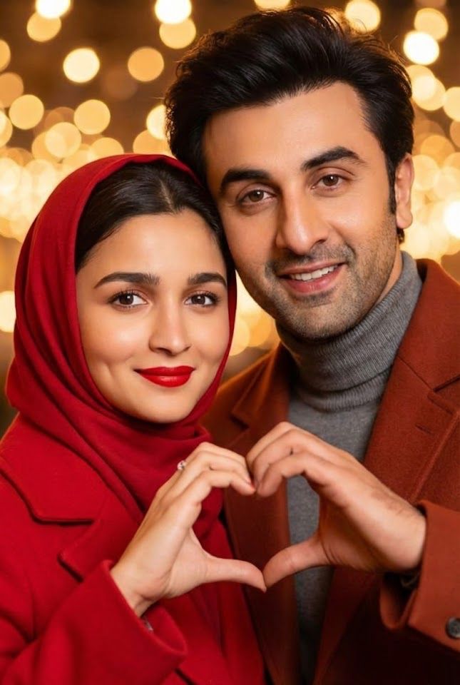 A romantic portrait of a couple making a heart shape with their hands, set against a blurred backgro