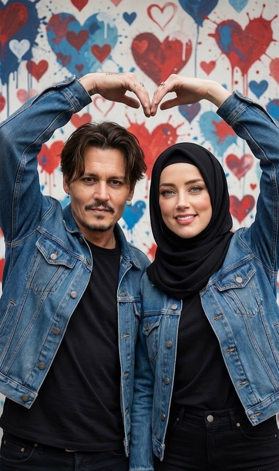 A realistic photo of a stylish couple resembling Johnny Depp and Amber Heard standing side-by-side. 