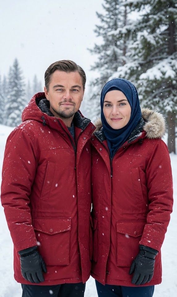 A photorealistic cinematic shot of Leonardo DiCaprio and Kate Winslet standing side-by-side in a sno