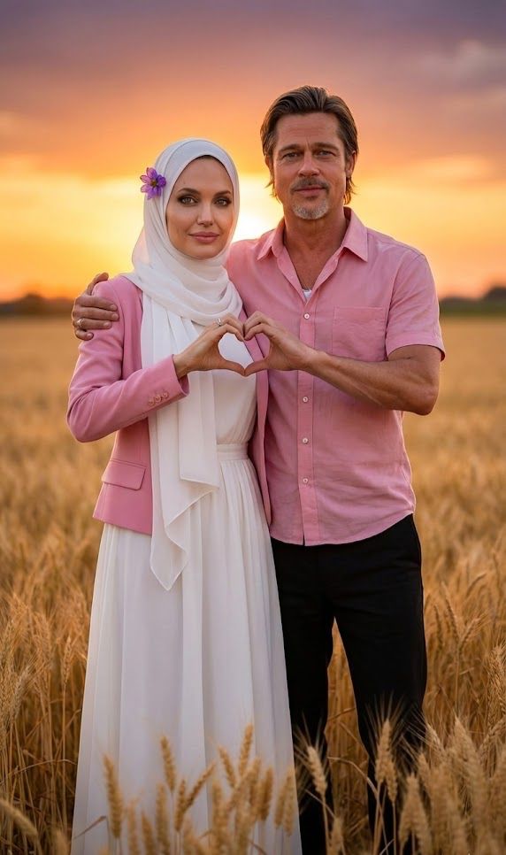 A couple standing in a field at sunset, with a warm orange glow in the background. The woman is wear