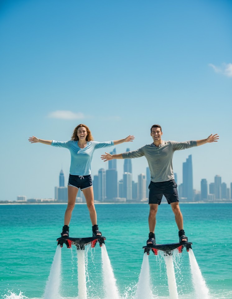 \"Two happy young adults doing flyboarding in the ocean, balancing on water jet hoverboards, arms wi