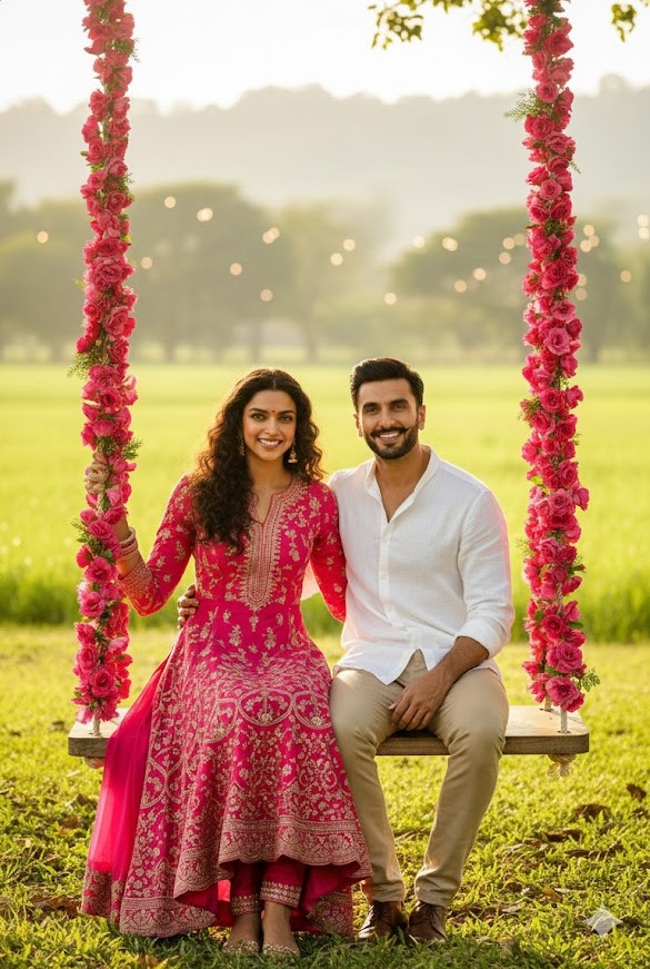 A young Indian couple sitting together on a rustic wooden swing decorated with pink flowers, set in 