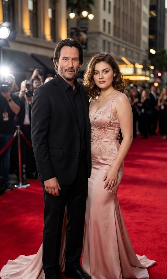 Ultra-realistic 8K cinematic vertical (9:16) photograph of me standing elegantly beside Keanu Reeves