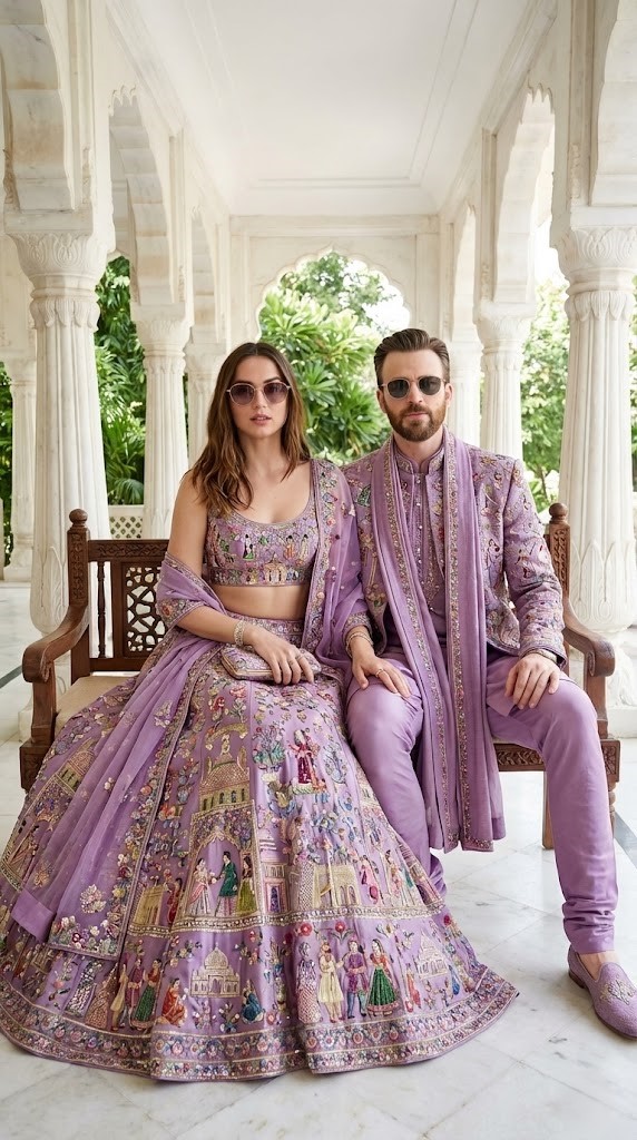 A high-end fashion photography shot of a couple in coordinated lavender/lilac luxury Indian ethnic w