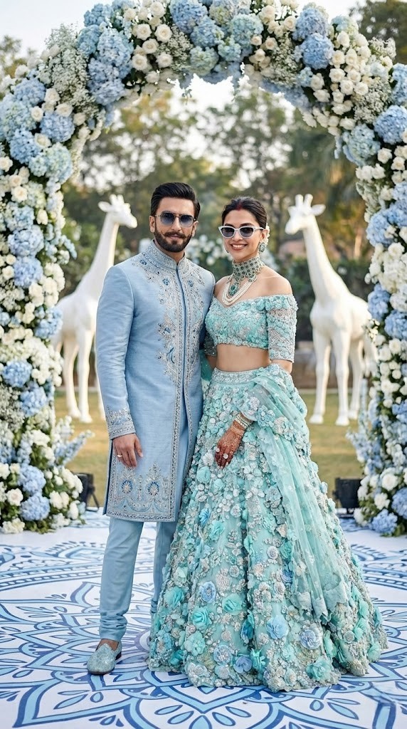 A high-resolution full-body shot of an Indian couple at an outdoor Mehendi or Sangeet ceremony. The 