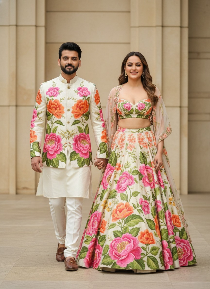 A high-resolution full-body photograph of a fashionable Indian couple walking hand-in-hand against a