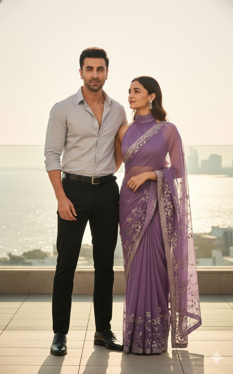 Ultra-realistic 4K vertical (9:16) cinematic portrait of a stylish Indian couple standing on a sunli