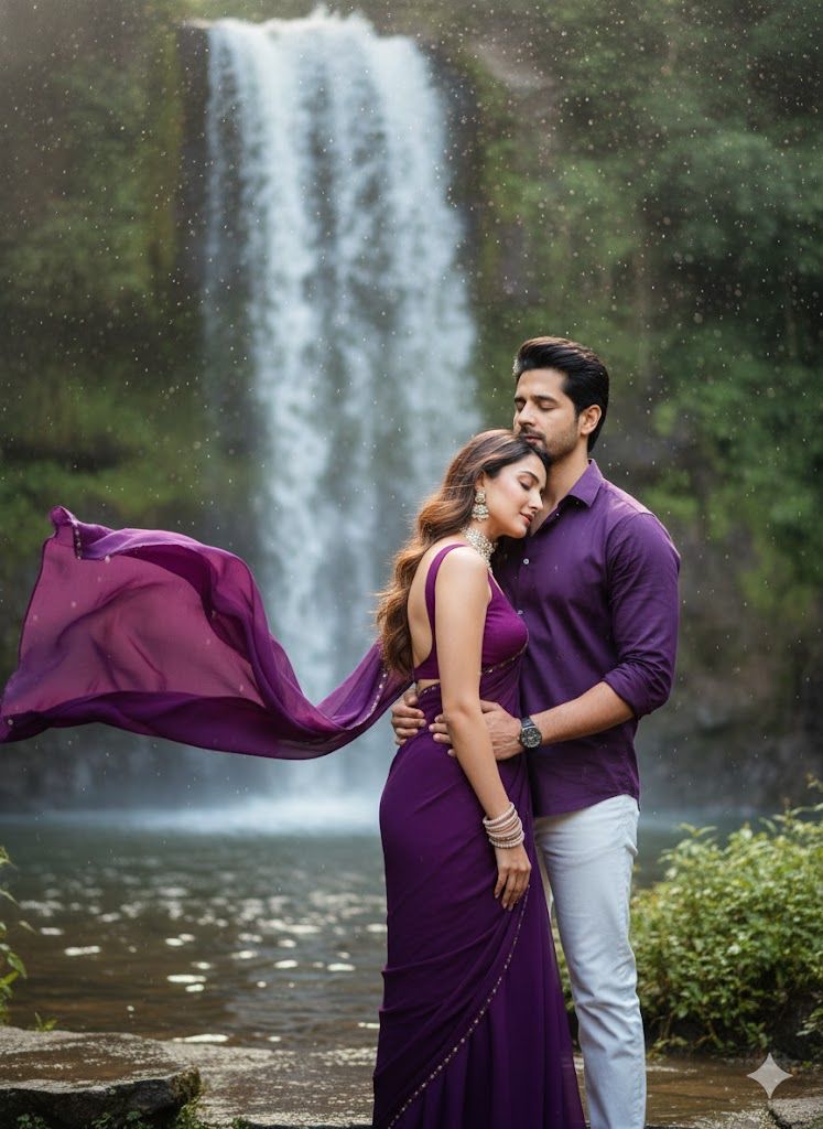 A romantic pre-wedding photoshoot at a beautiful waterfall. The girl is wearing a deep purple chiffo