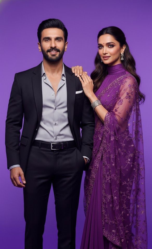 Ultra-realistic 8K cinematic mid-shot portrait of a beautiful Indian couple, set against a vibrant g