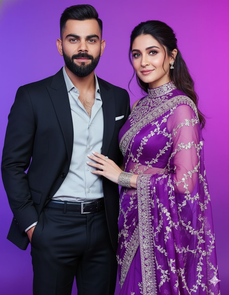 Ultra-realistic 8K cinematic portrait of a stunning Indian couple standing close together against a 
