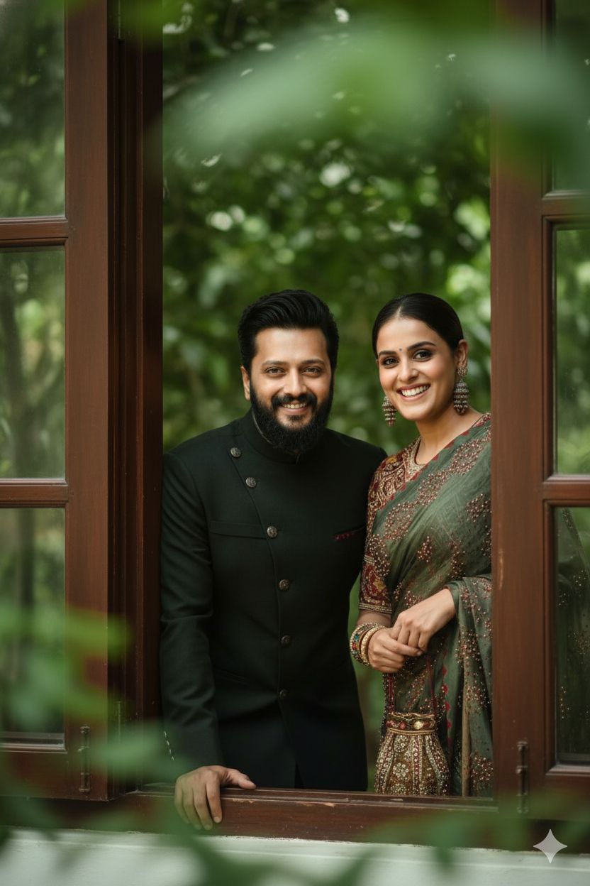 4k hyper-realistic dark green portrait cinematic young couples pre wedding image with dramatic smile