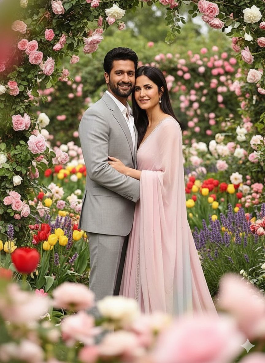 Convert this selfie into a colorful pre-wedding portrait in a blooming garden. Do not change their f