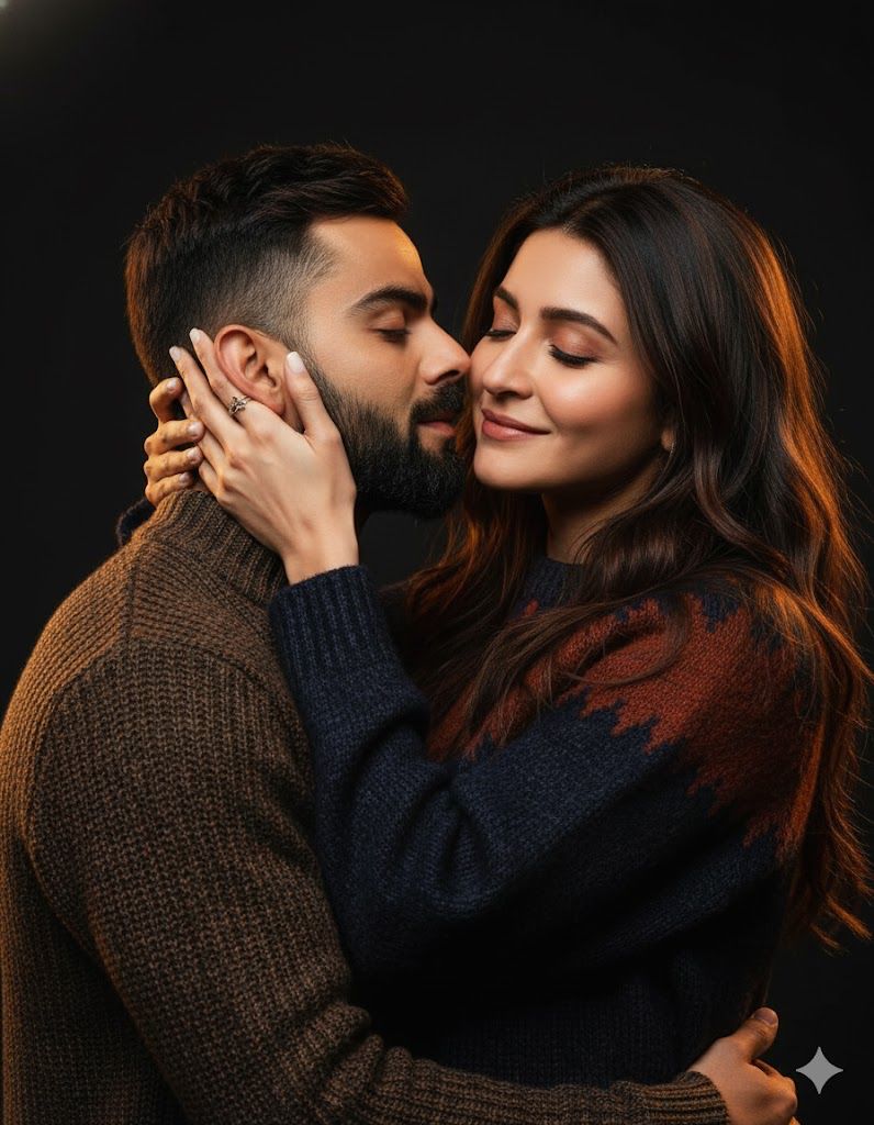 Create a close-up, intimate portrait of the couple in the reference image as sharing a tender moment