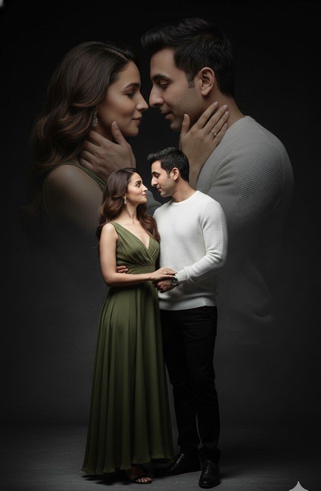 Create an intimate, high-contrast, double-exposure-style portrait of the couple in the reference ima
