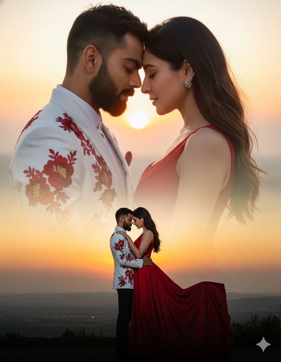 A romantic couple photoshoot captured at sunset, featuring a creative double-exposure effect that bl