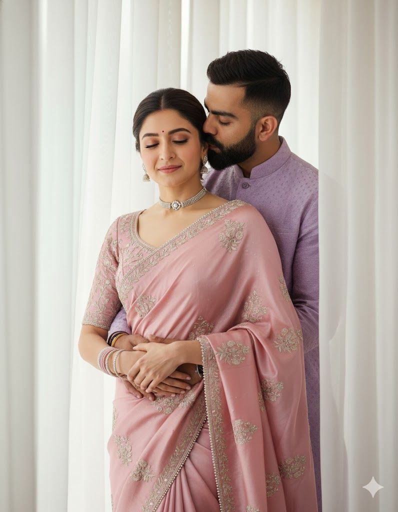 Create a romantic and intimate portrait of the couple in the reference image as posed in front of fl