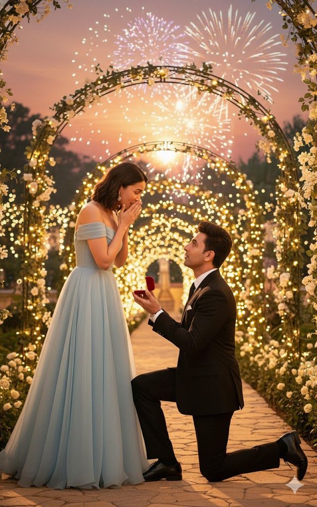 A romantic cinematic scene of a man proposing to a woman in a beautifully decorated outdoor garden a