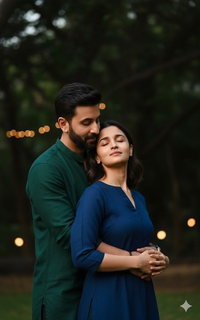 Create a romantic, warmly lit portrait of the couple in the reference image as embracing outdoors du