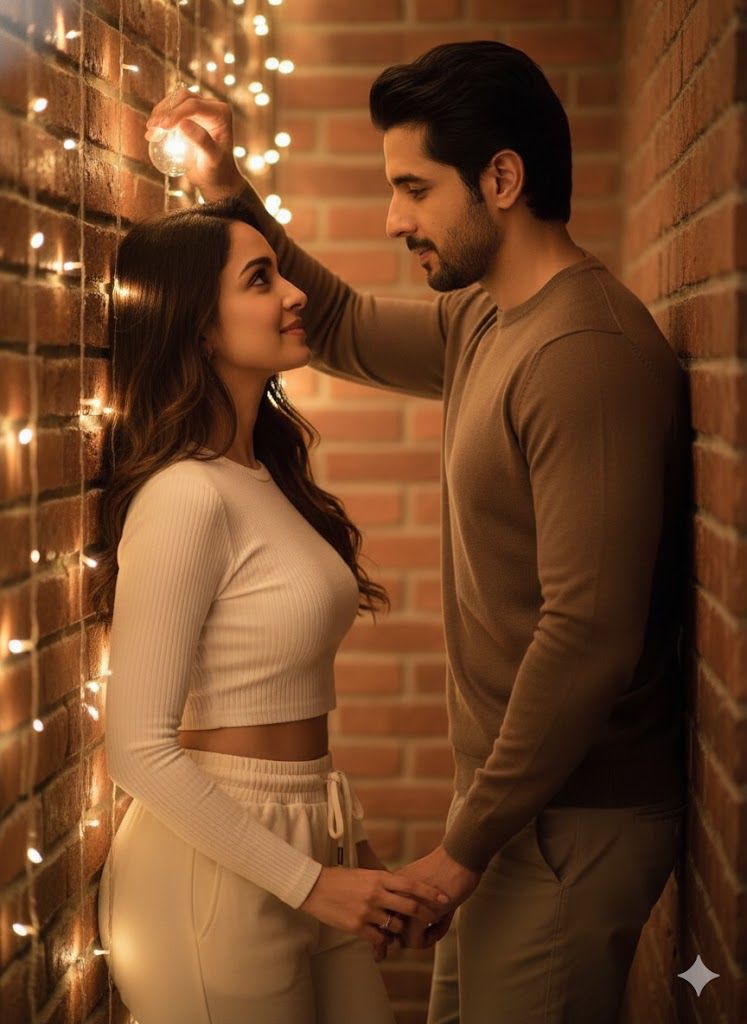Create a warm, intimate, and romantic portrait of the couple in the reference image as they are stan