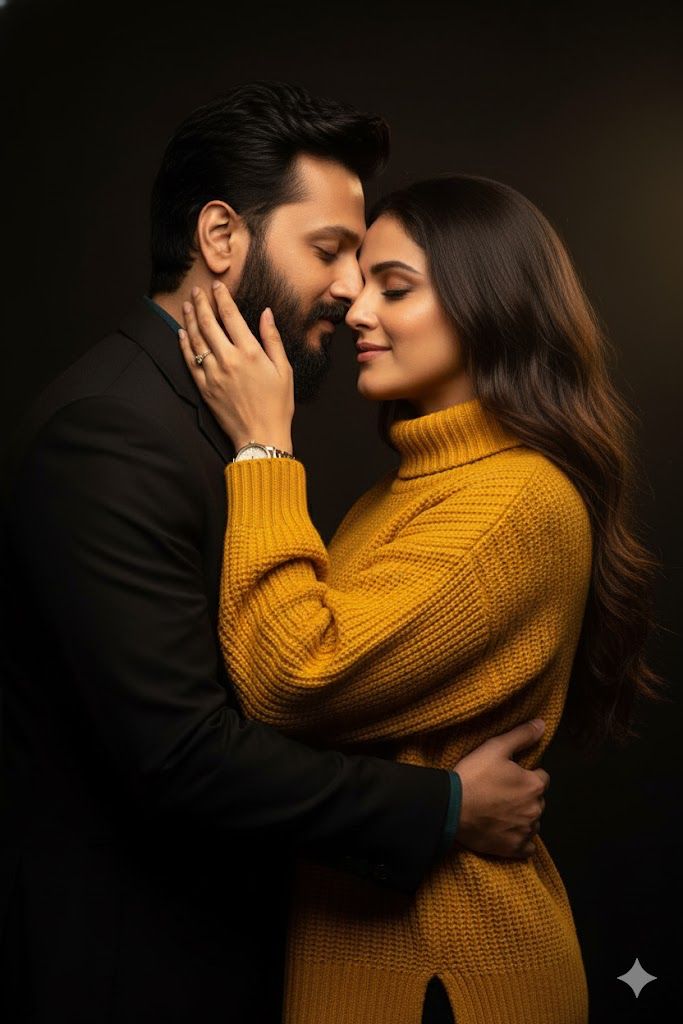 Create an image captures a close and intimate moment between the couple in the reference image, expe