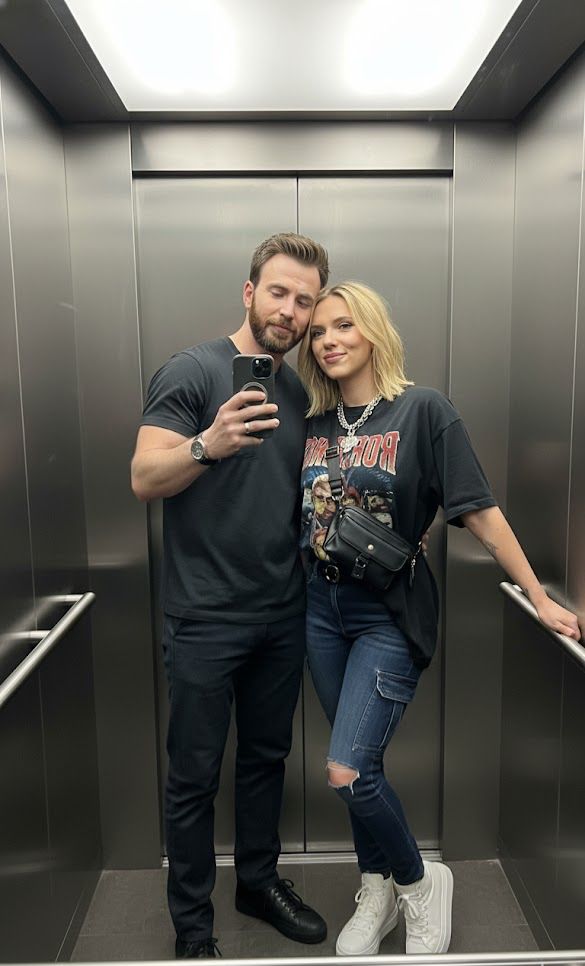 Realistic horizontal-angle shot of two people standing closely inside a modern elevator with reflect