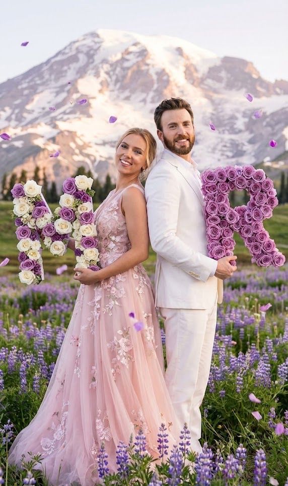 A ROMANTIC AND DREAMY COUPLE PHOTOSHOOT IN A VIBRANT PERPLE FLOWER FIELD WITH A SNOW-CAPPED MOUNTAIN