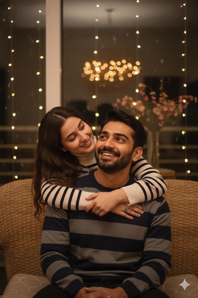 Create a warm, intimate, and romantic indoor portrait of the couple in the reference image as casual