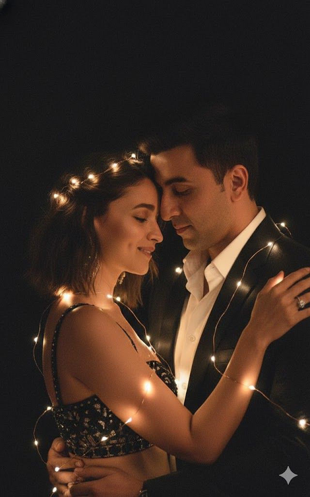 Create a vertical, close-up portrait of the couple in the reference image as embracing in near darkn
