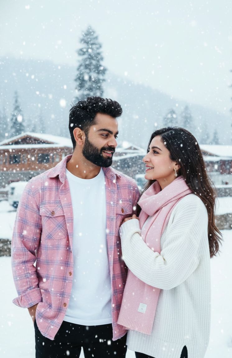 Create a 4K HD realistic portrait of a young Indian couple standing together in Kashmir under gentle