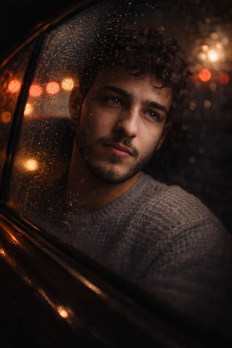 An intimate, cinematic close-up of a man sitting in the backseat of a moving taxi, seen through a ra