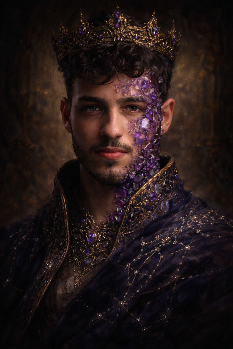 A surreal, high-fantasy portrait of a powerful male ruler in the style of an oil painting. His skin 