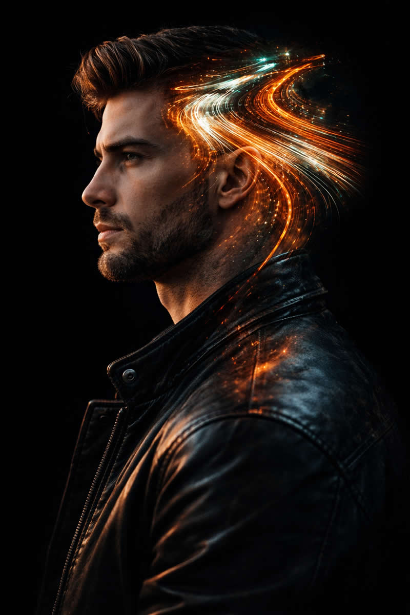 A creative double-exposure style portrait of a man in profile, using the uploaded face as reference.
