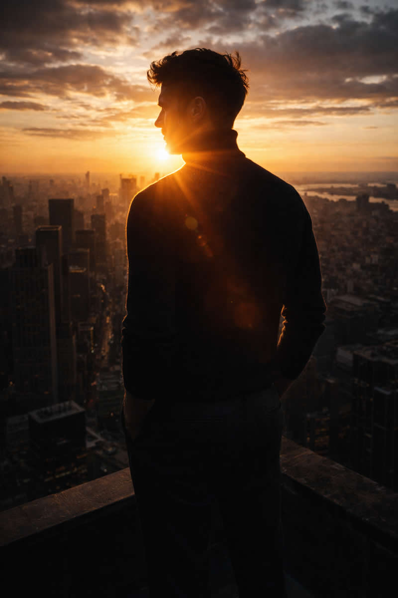 A wide cinematic shot from a skyscraper rooftop at golden hour, overlooking a vast city. The sun set