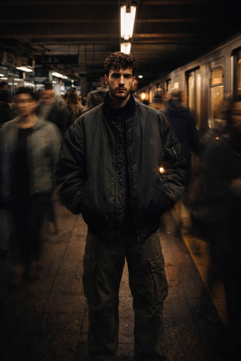 A moody shot on a busy New York City subway platform during rush hour. A male subject (use face from