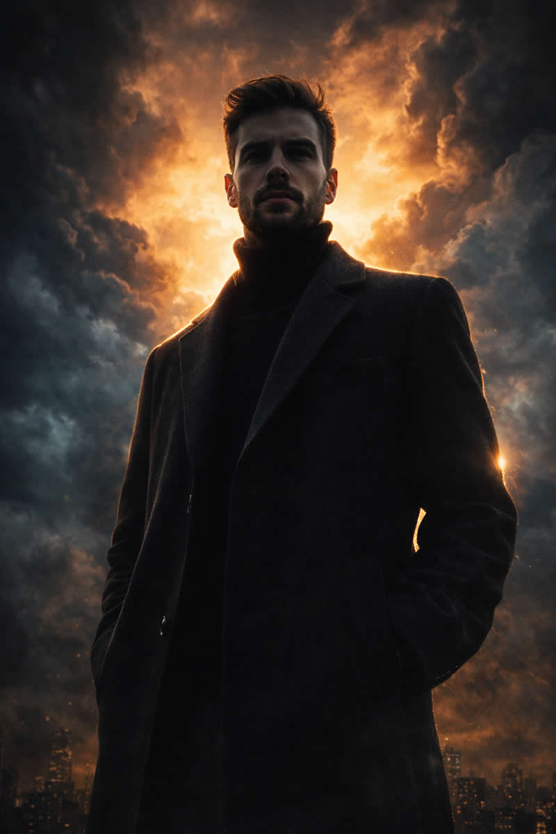 A cinematic low-angle medium shot of a stoic male figure (use uploaded face as reference) with a gro