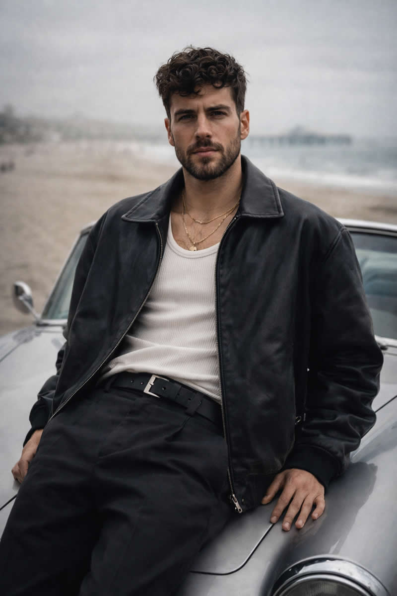 A high-end fashion editorial shot of a male subject (use uploaded face as reference) sitting casuall
