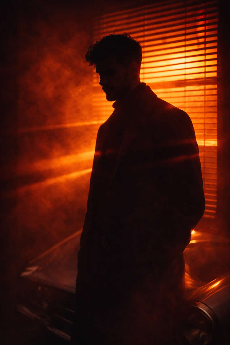 A neo-noir cinematic shot in deep crimson and amber tones. A figure (use uploaded face as reference)