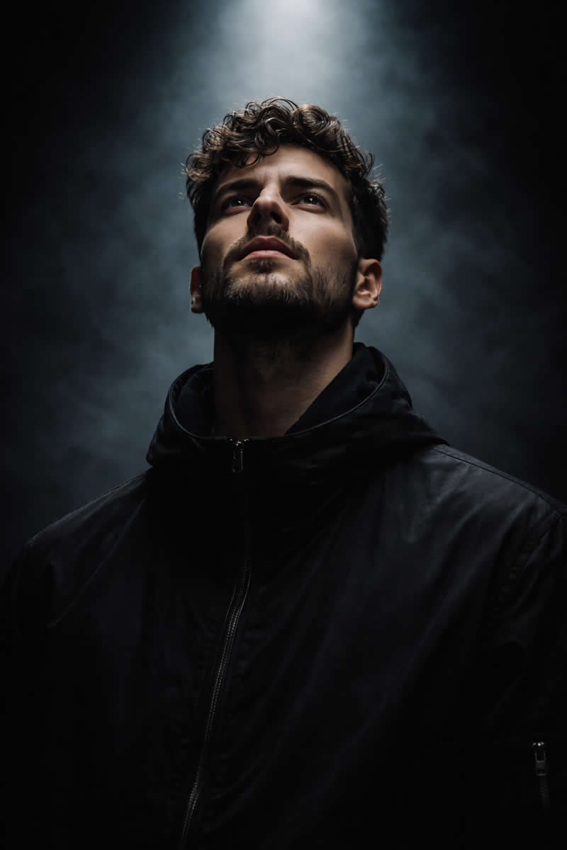 A hyper-realistic cinematic close-up portrait (use uploaded face as reference). The subject looks up