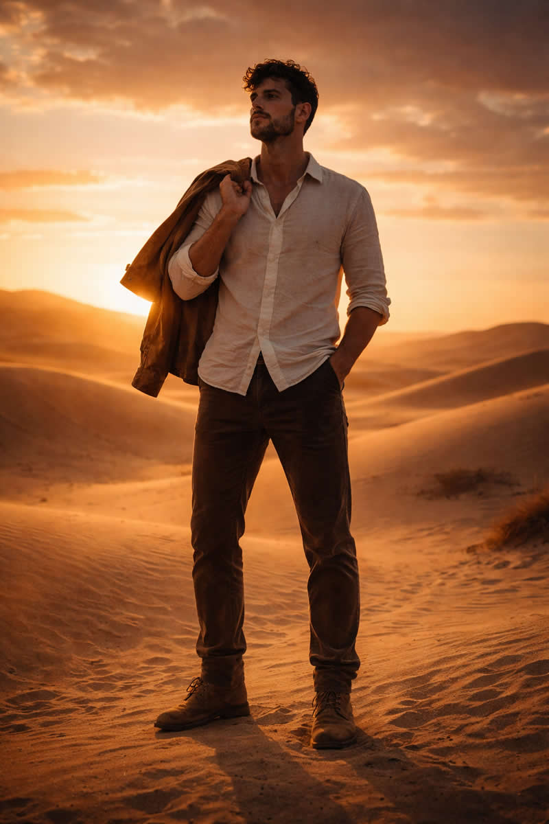 A cinematic low-angle full-body portrait of a male figure (use uploaded face as reference) standing 