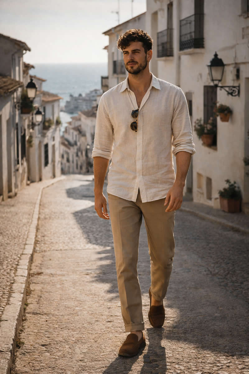 A photorealistic sunlit medium-long shot of a male subject (use uploaded face as reference) walking 